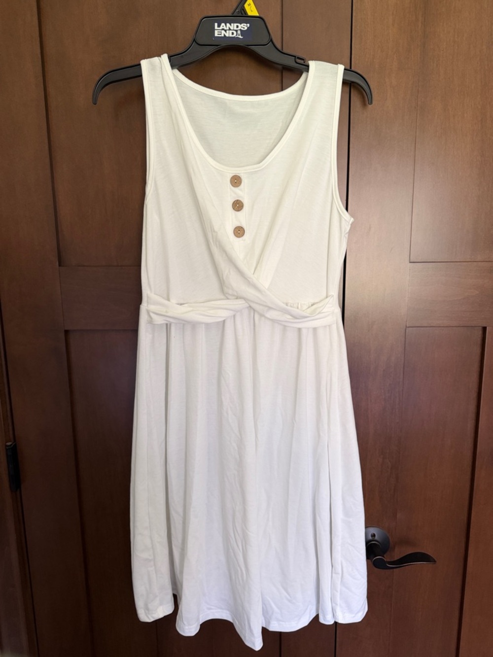 Women’s white Sleeveless Knot-Waist Dress with Button Detail